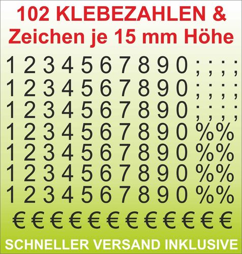 102 Klebezahlen in 15mm Aufkleber Werbung Ziffern Zahl Nummer Preis Beschriftung weiß gold schwarz